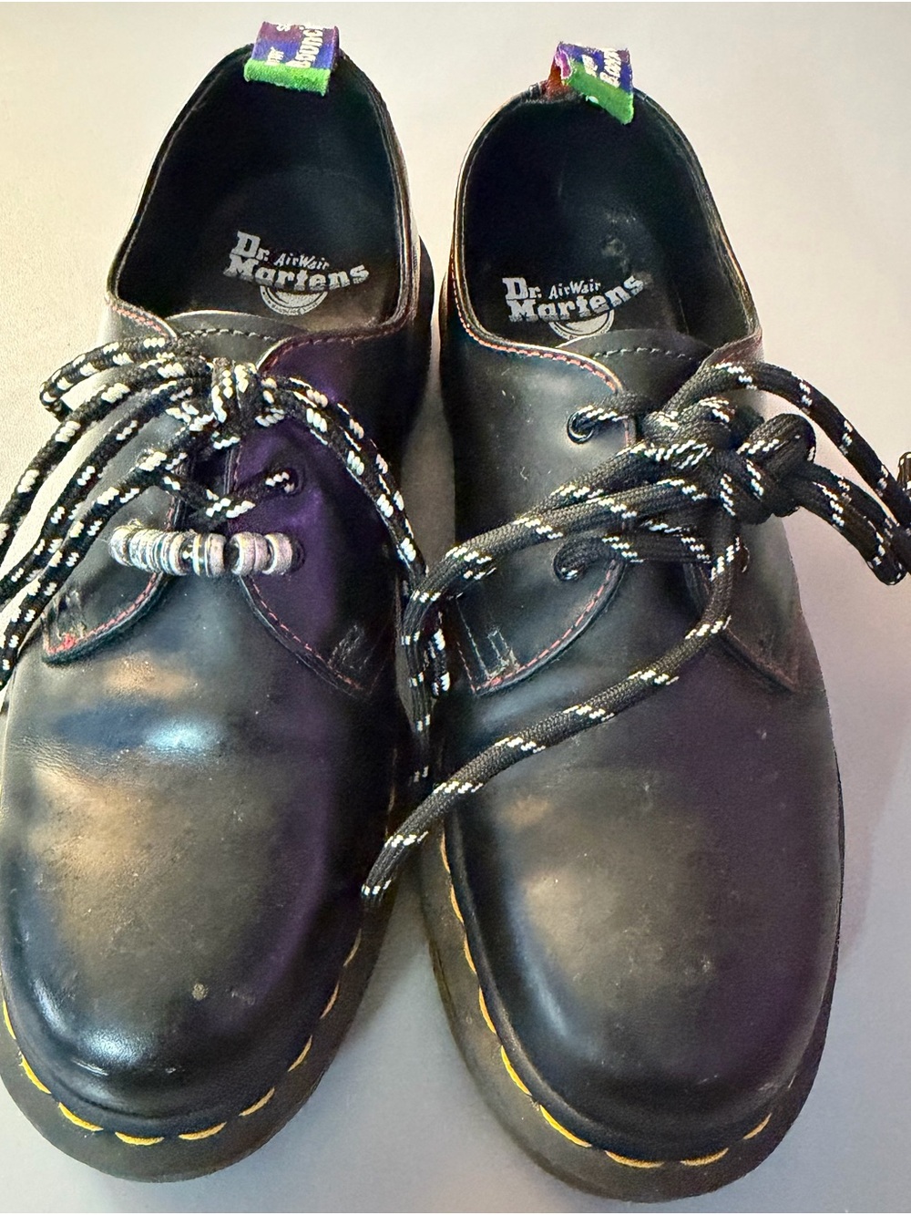 Dr. Martens Black Leather 3-Eye Oxford Shoes with Contrast Yellow Stitching